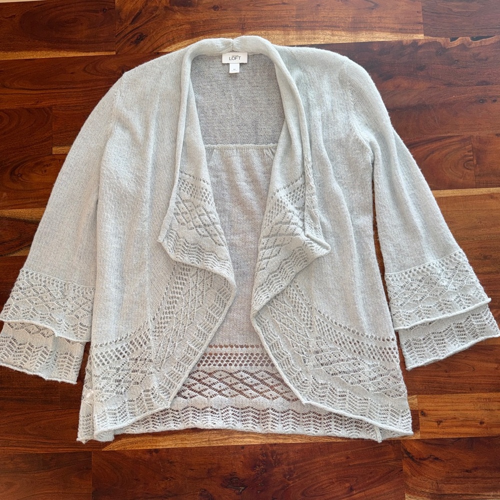 LOFT Boho Flowy Pale Gray Open-Front Lace-Trim Cardigan